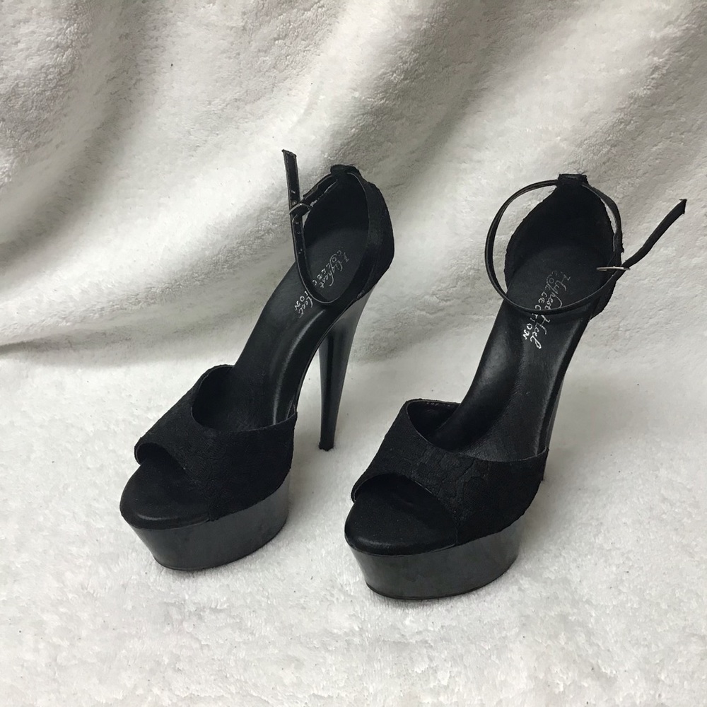 The Highest Heel, black lace platform heels